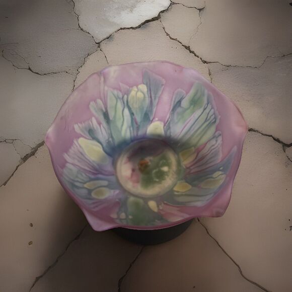 Rueven Glass Bowl By Nouveau Art Glass Co., Inc USA 9 Inch Hand Painted Sticker - Picture 2 of 11